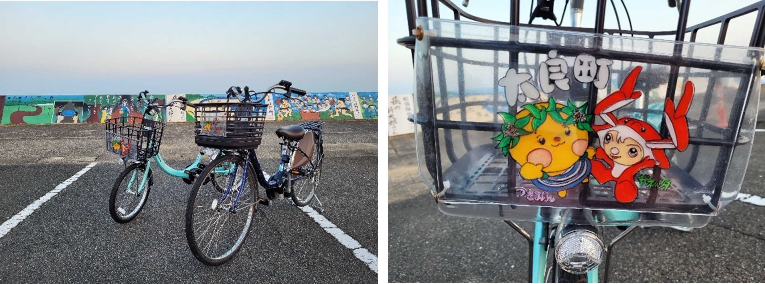 レンタサイクルに地元住民が再利用したアクリル板に描いた絵が飾られている